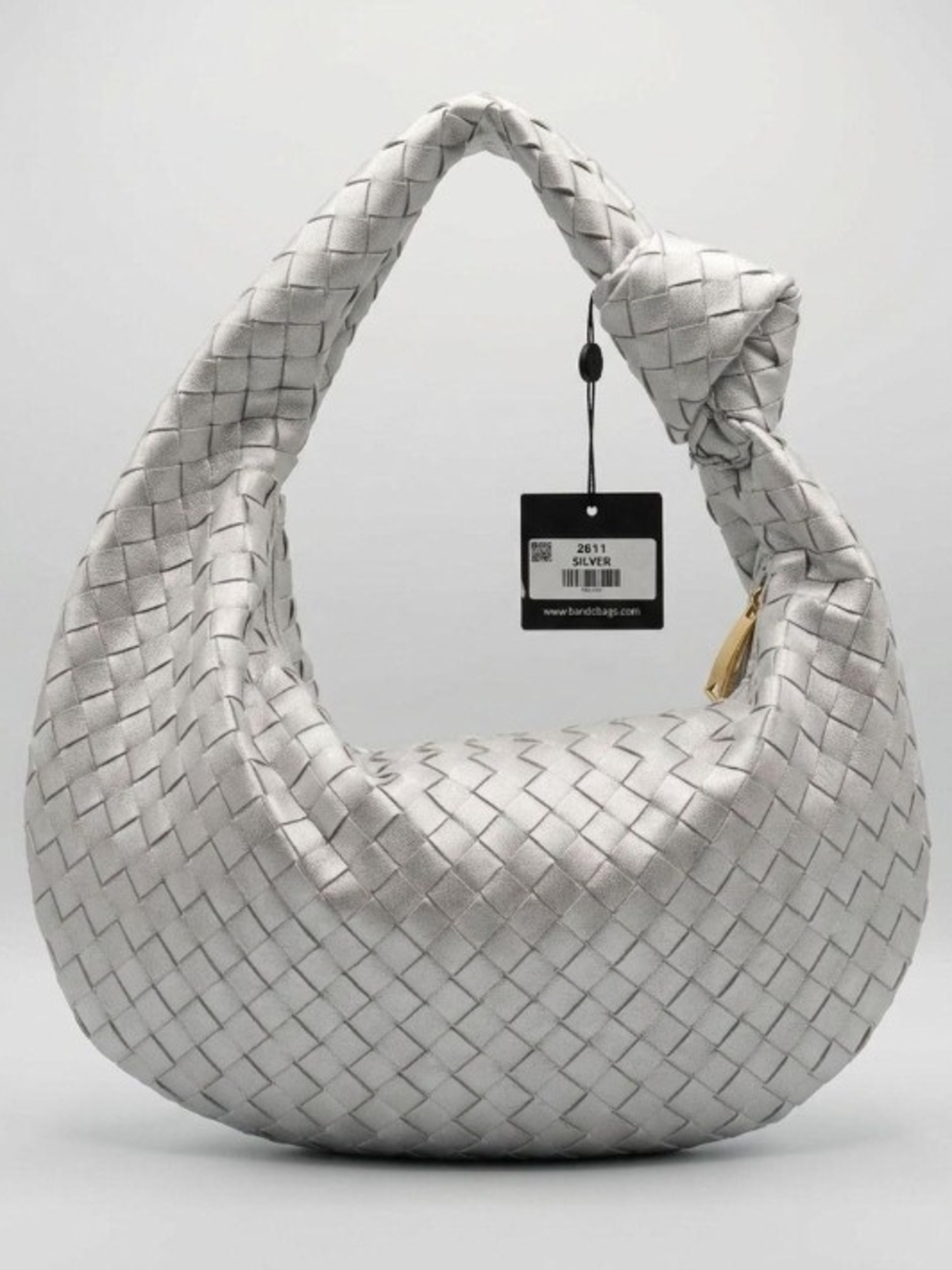 Woven Silver Hobo Bag with Knotted Shoulder Strap